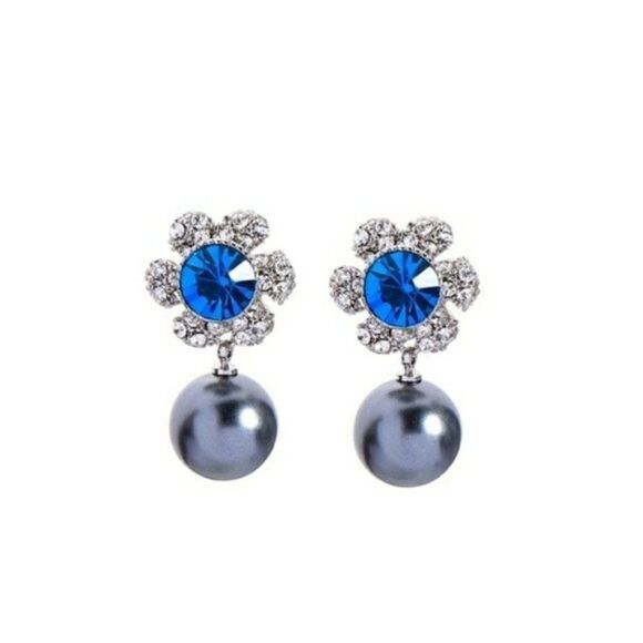 Blue Crystal Flower Pearl Vintage Silver Dangle Statement Earrings - Picture 1 of 12